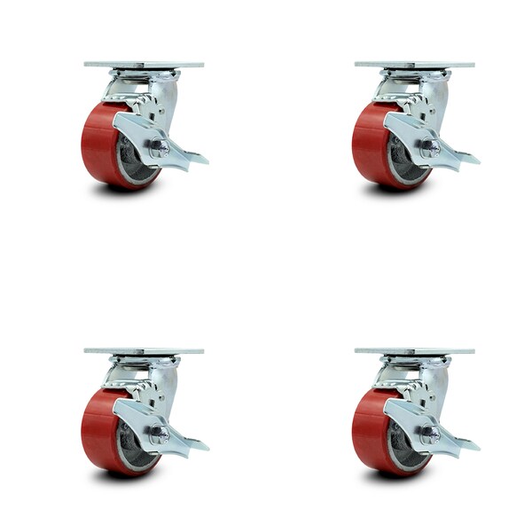 4 Inch Red Poly on Cast Iron Caster Set with Ball Bearings and Brake/Swivel Lock